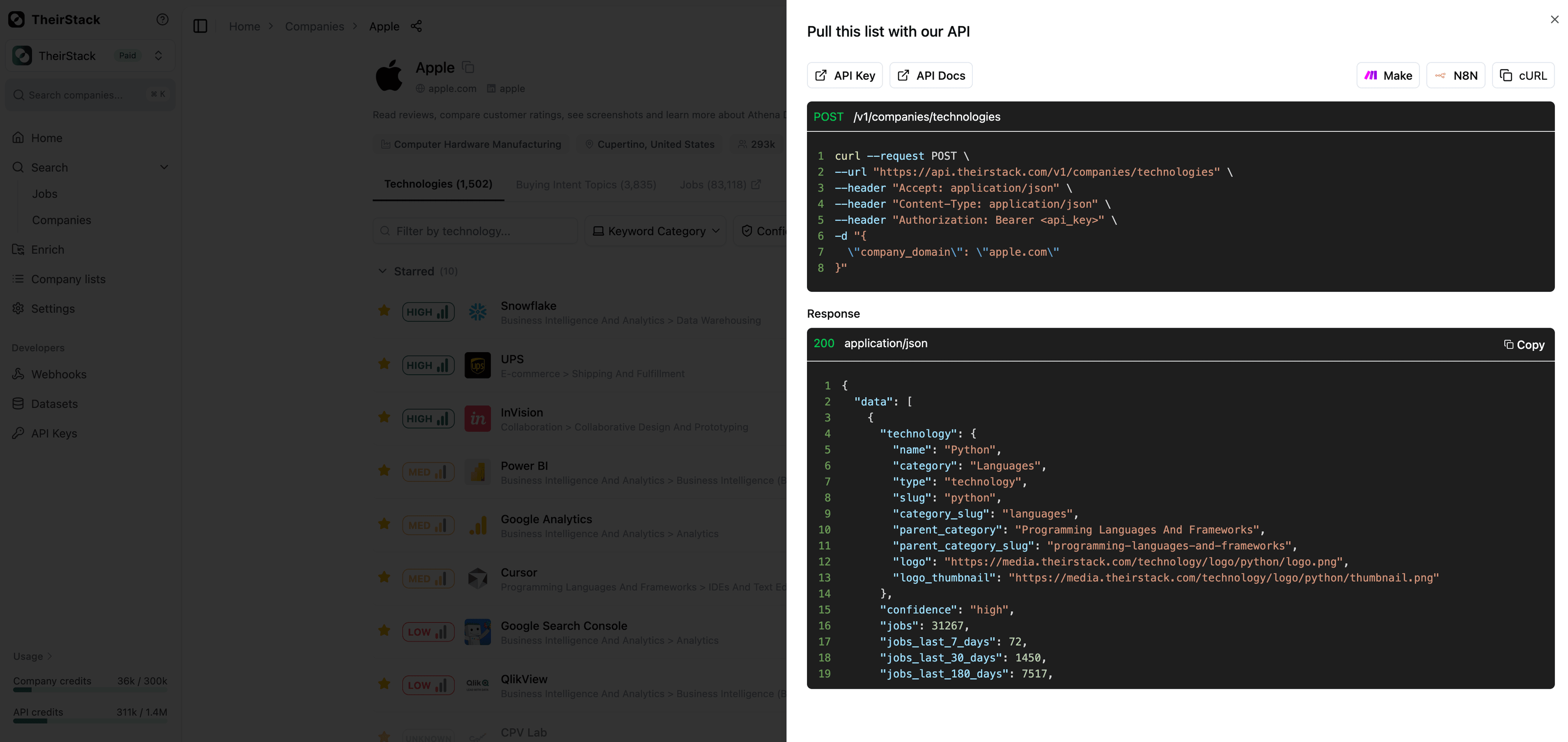 API button in company profile