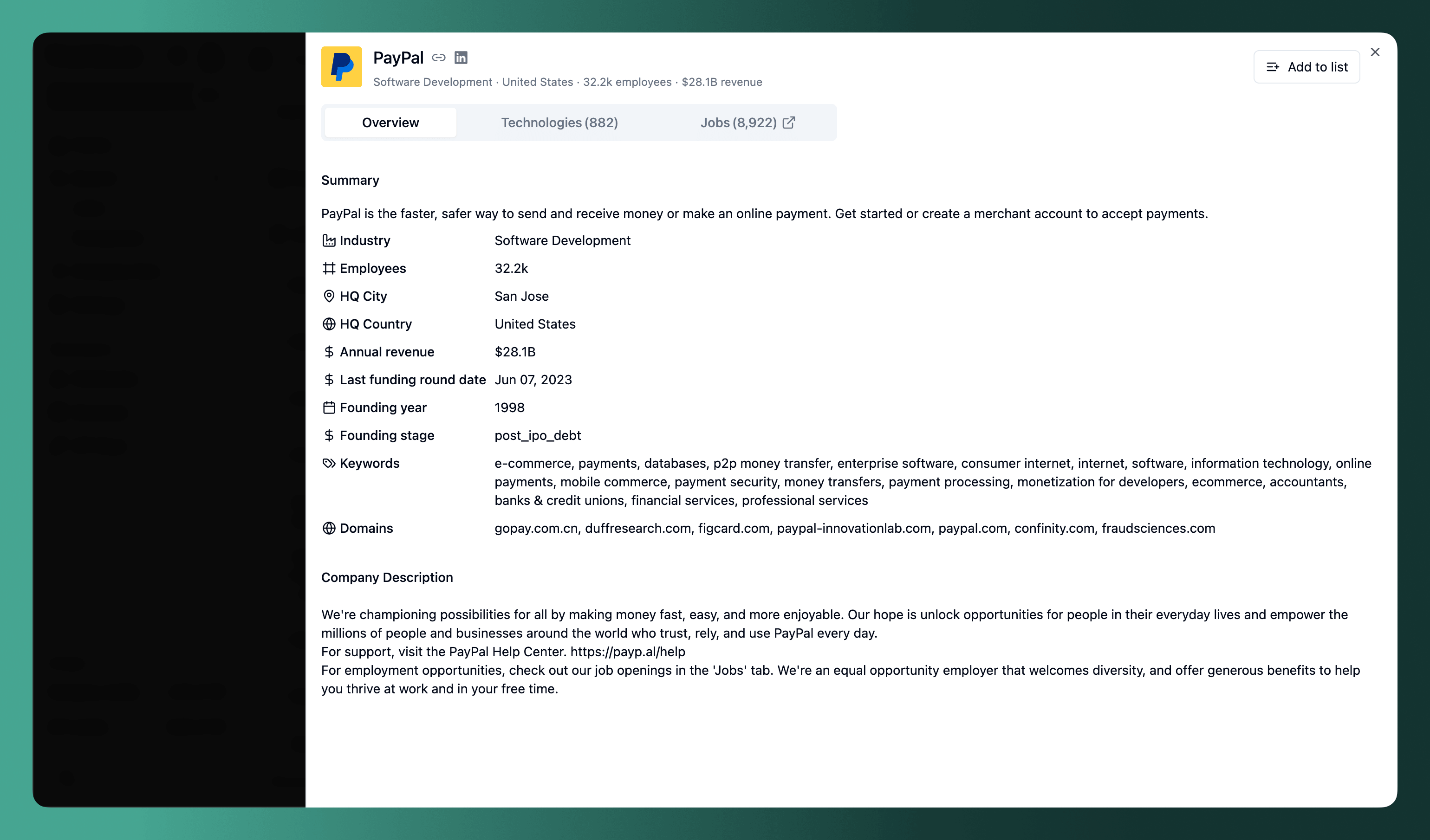 Company profile modal