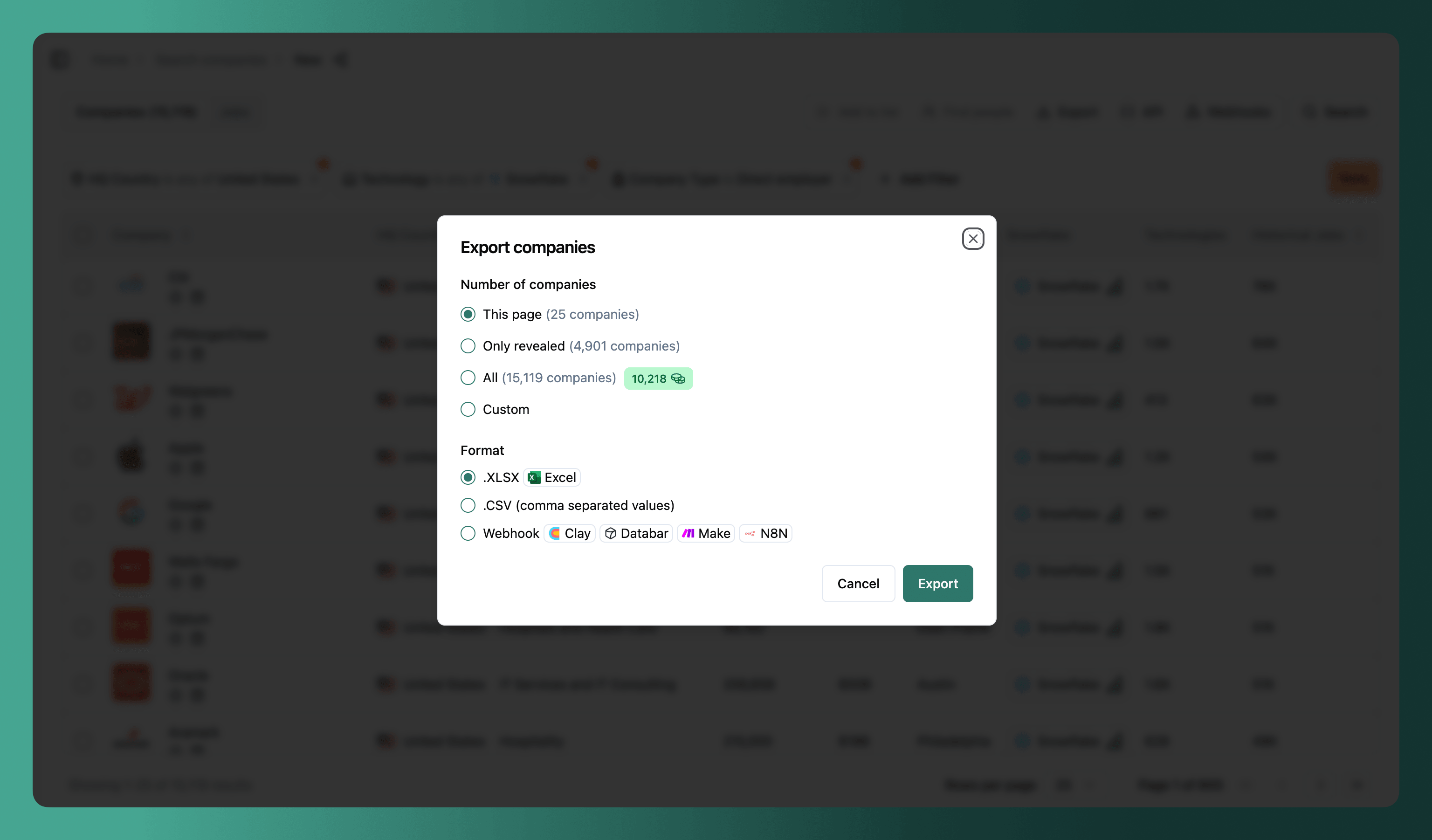 Export modal