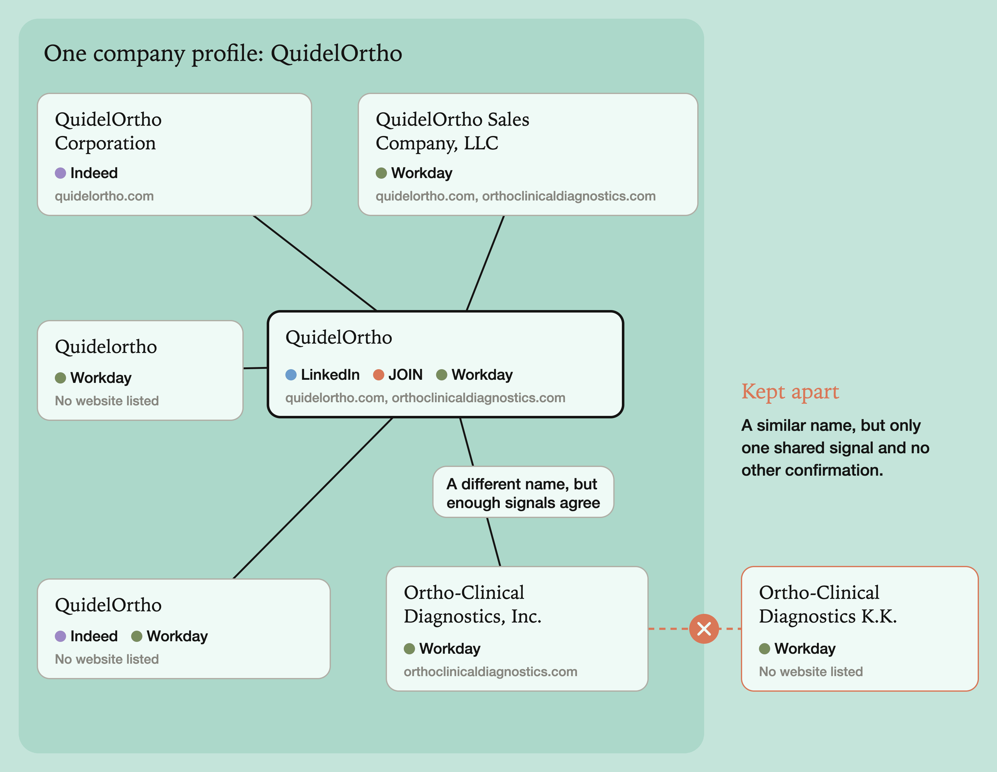 Six records connected into one QuidelOrtho profile, including Ortho-Clinical Diagnostics, Inc. A seventh record, Ortho-Clinical Diagnostics K.K., is kept apart.