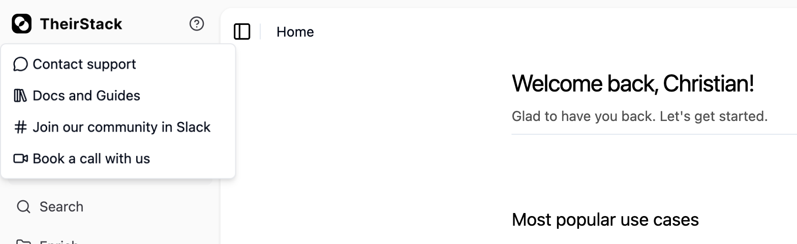 Help menu in the app with Contact support