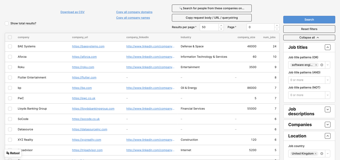 TheirStack dashboard showing top companies hiring software engineers in the UK