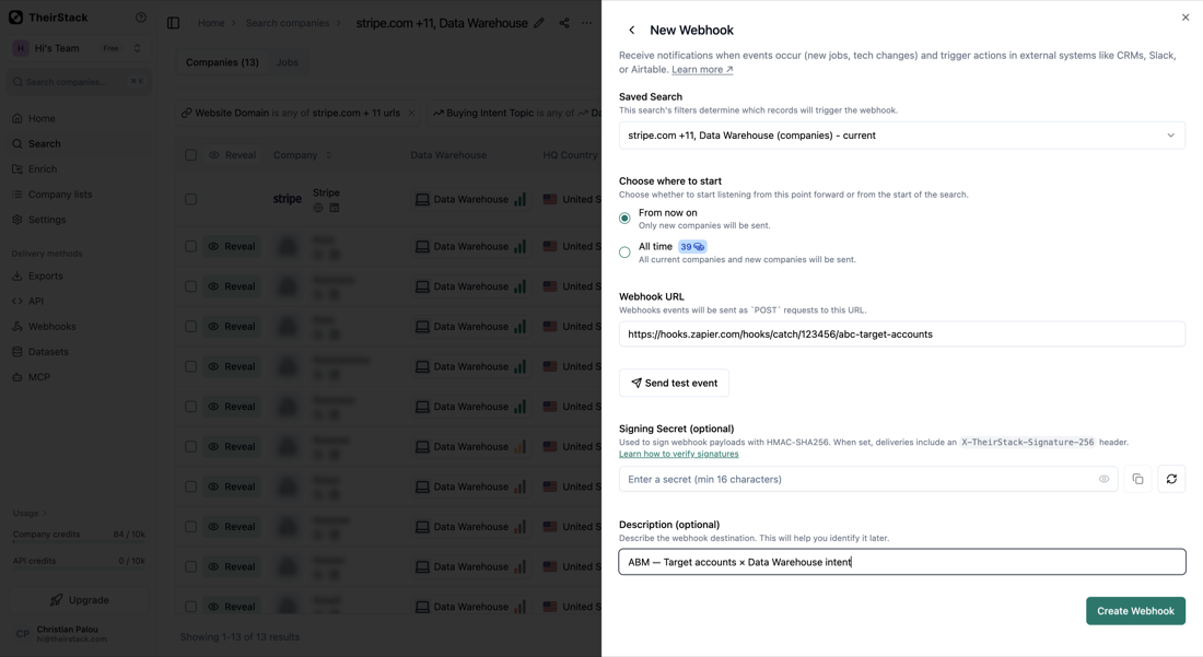 Create webhook modal filled in