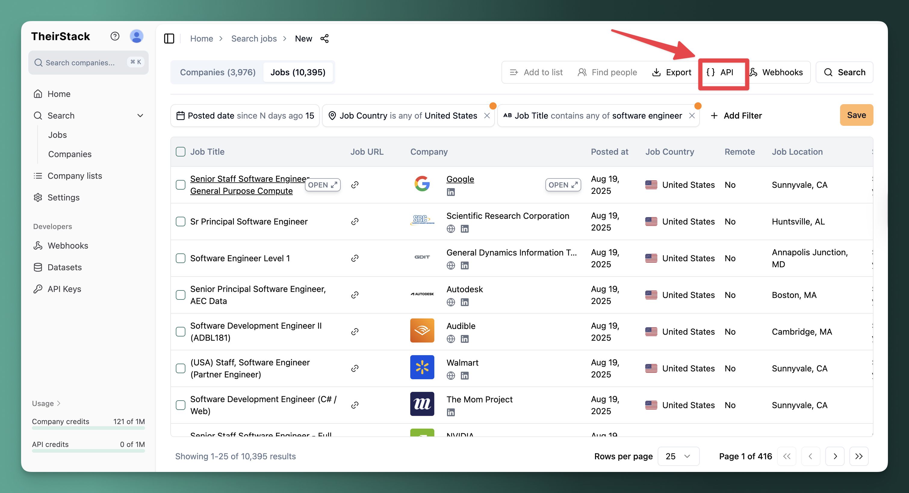 API button on job search page