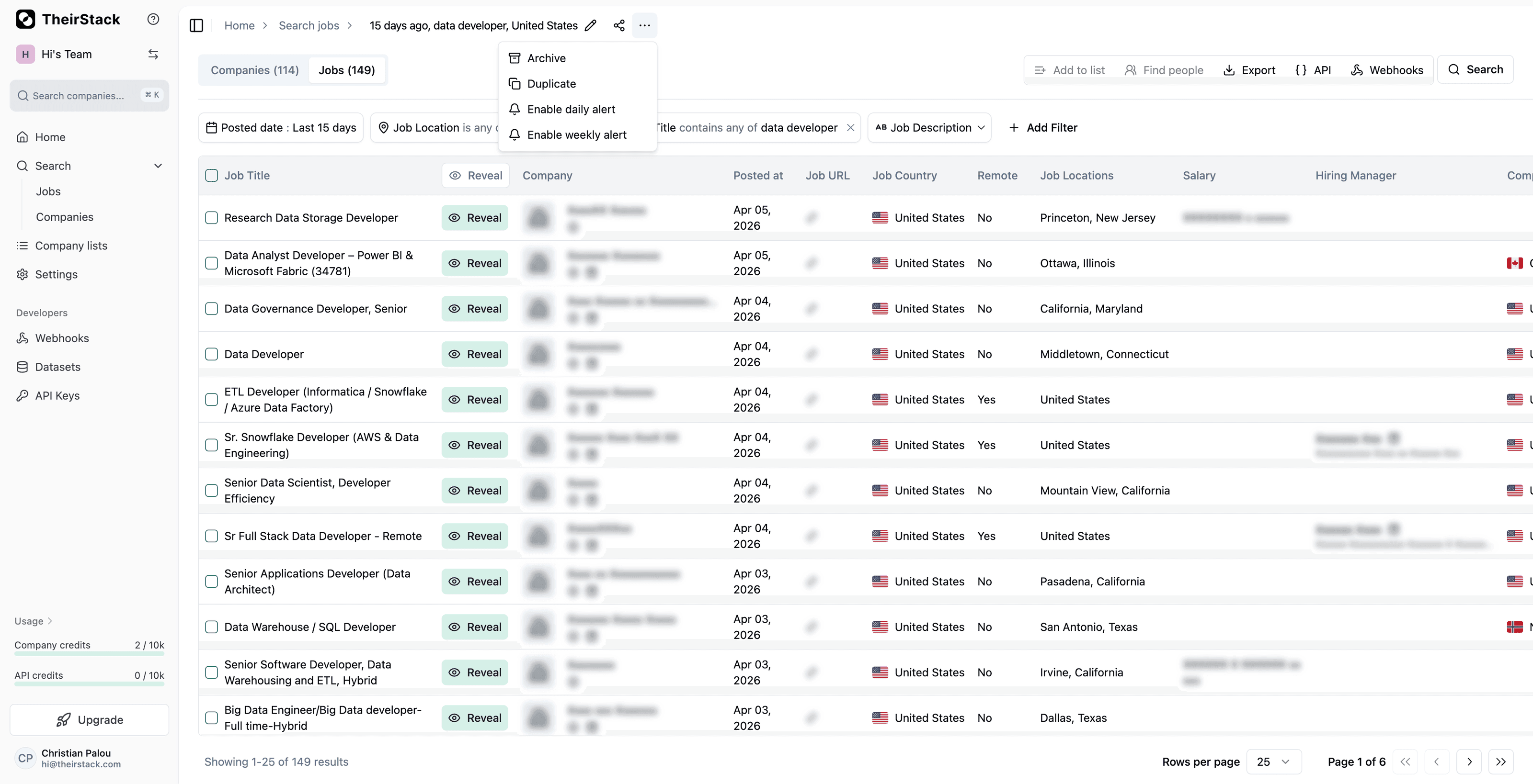 Actions menu on a saved search detail page