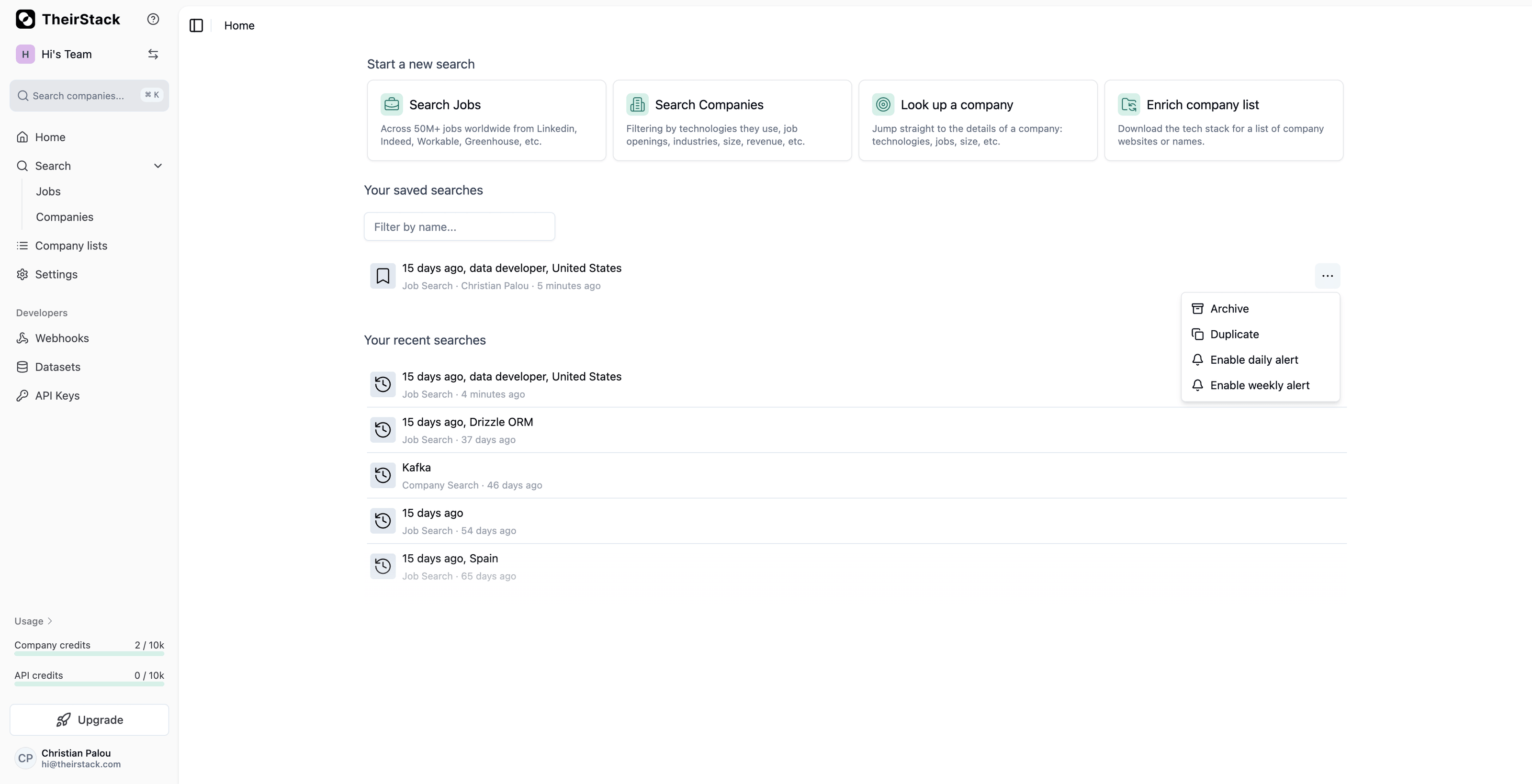 Actions menu on the Home page