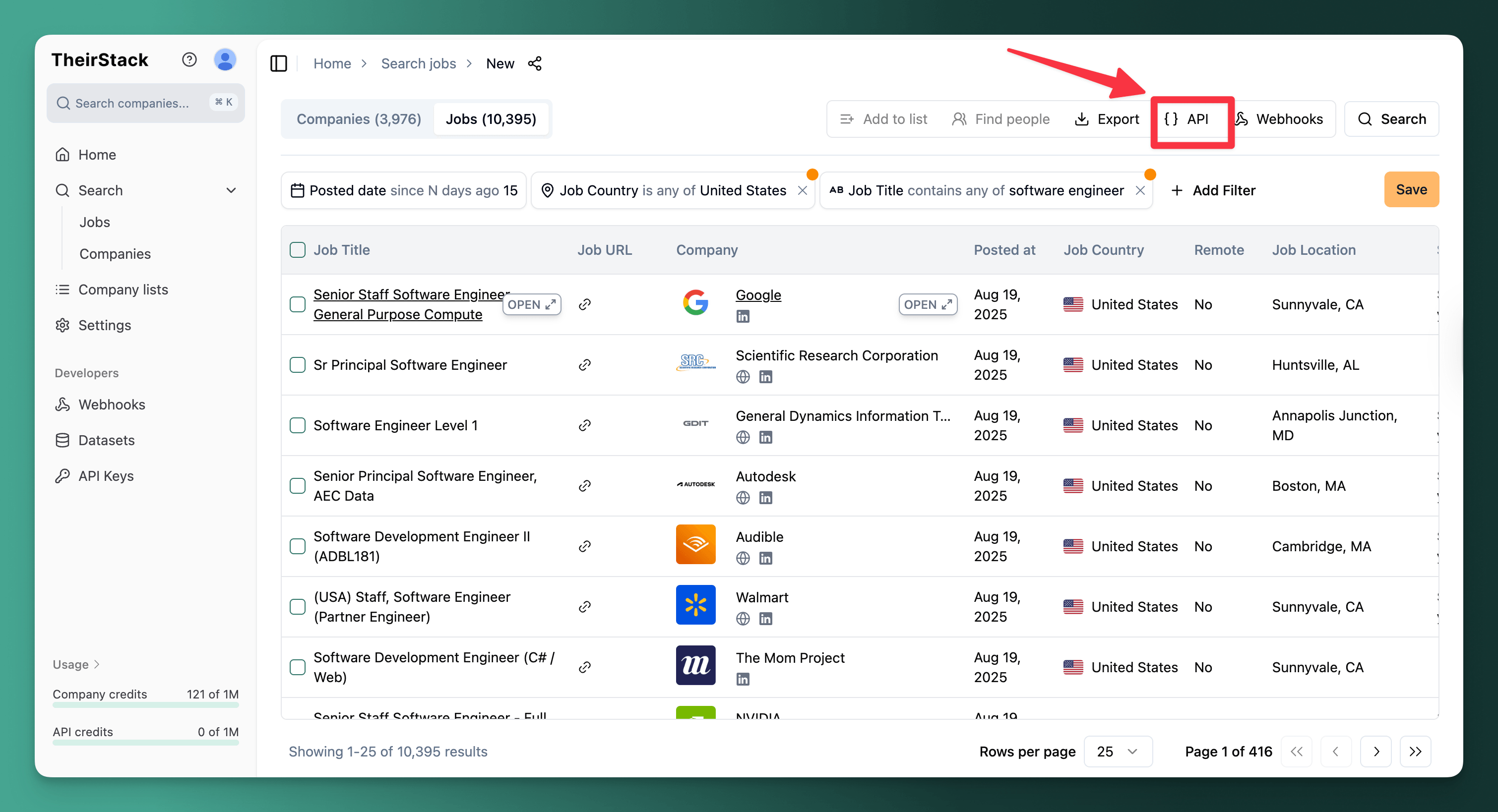 API button on job search page