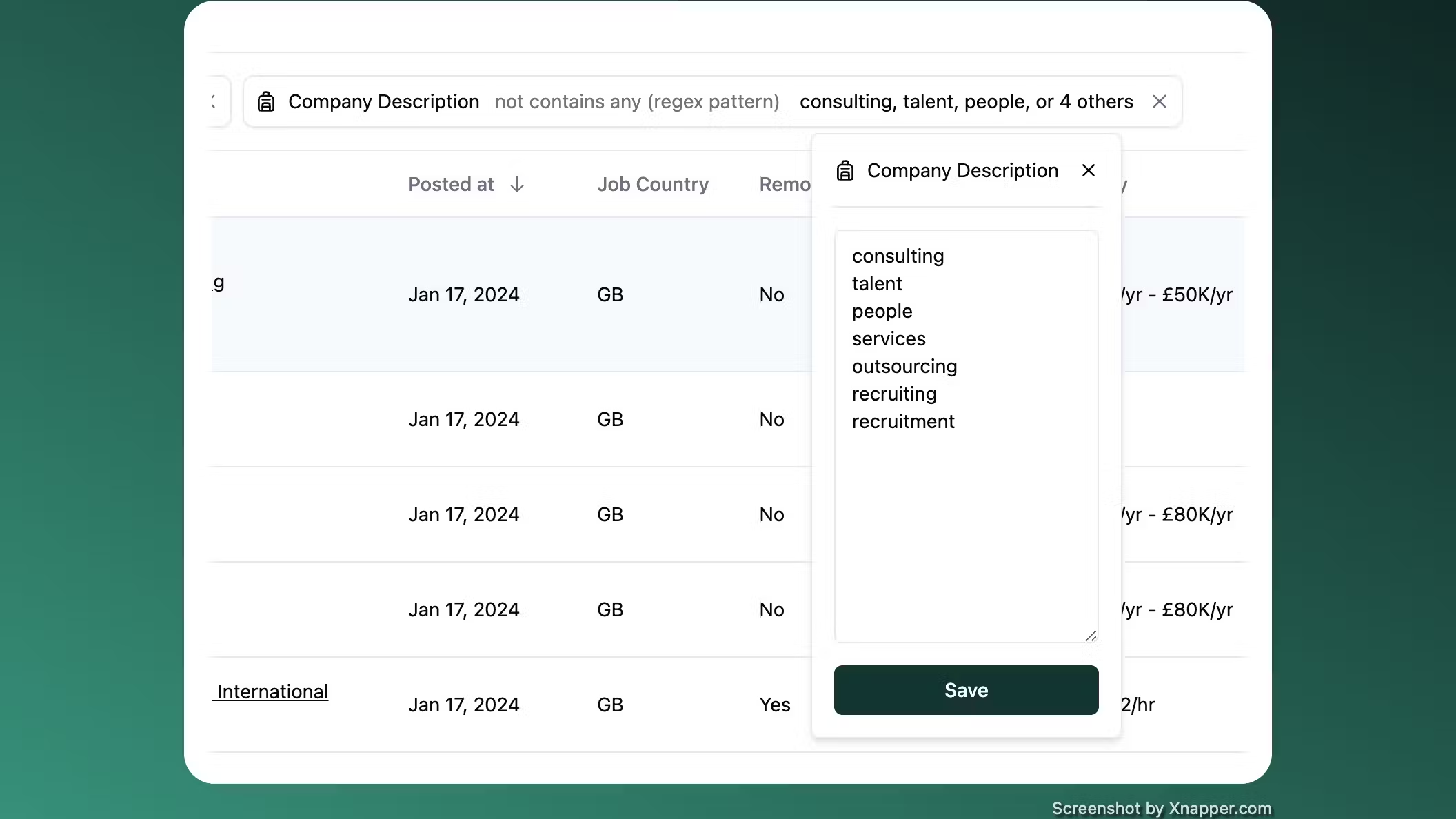 Exclude Company Description Patterns filter