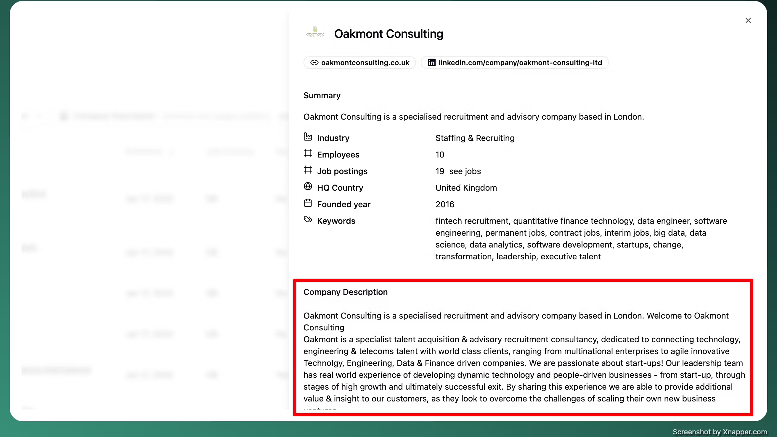 Company description field