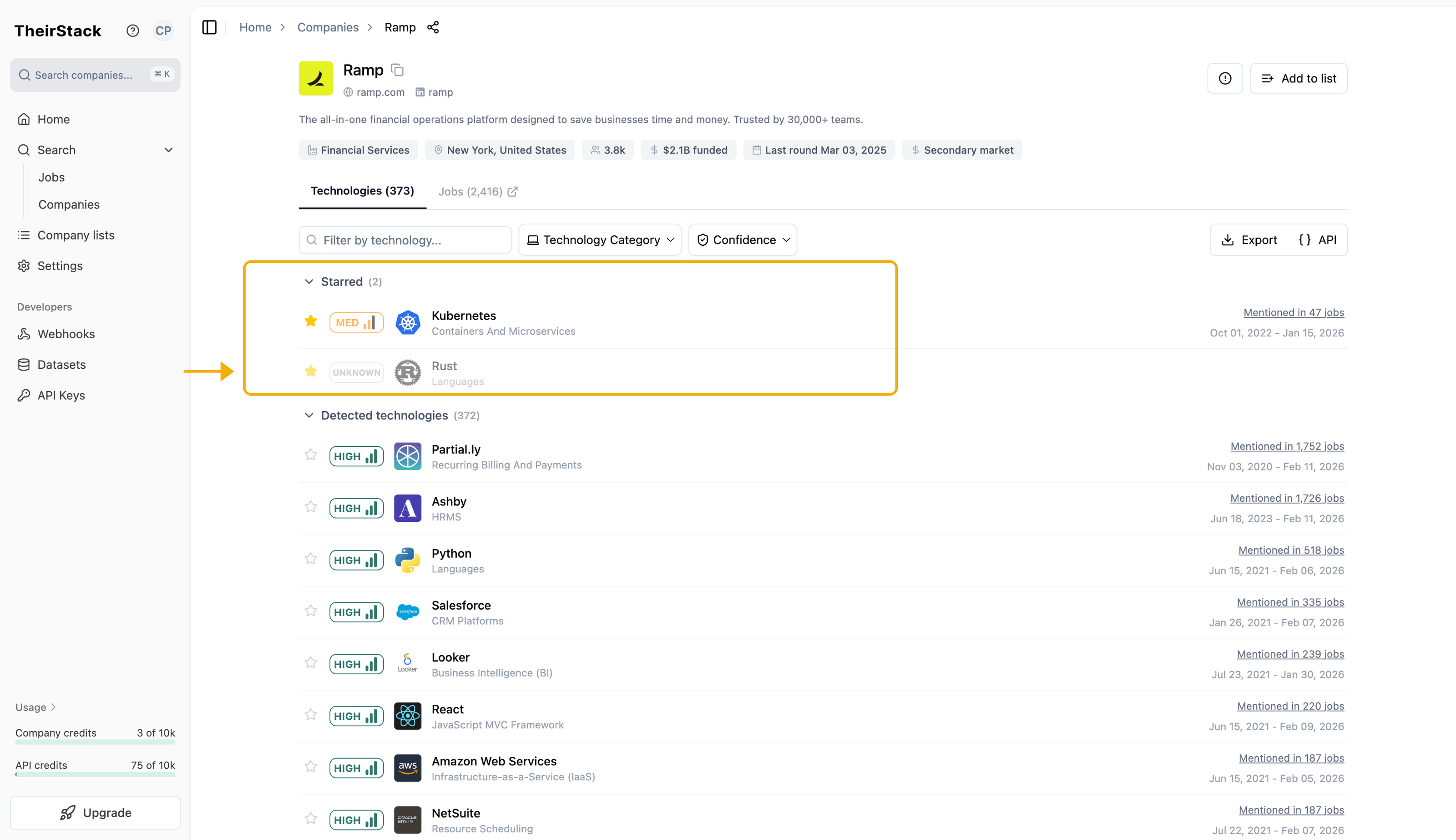Step 2: Ramp's profile showing favourite technologies first