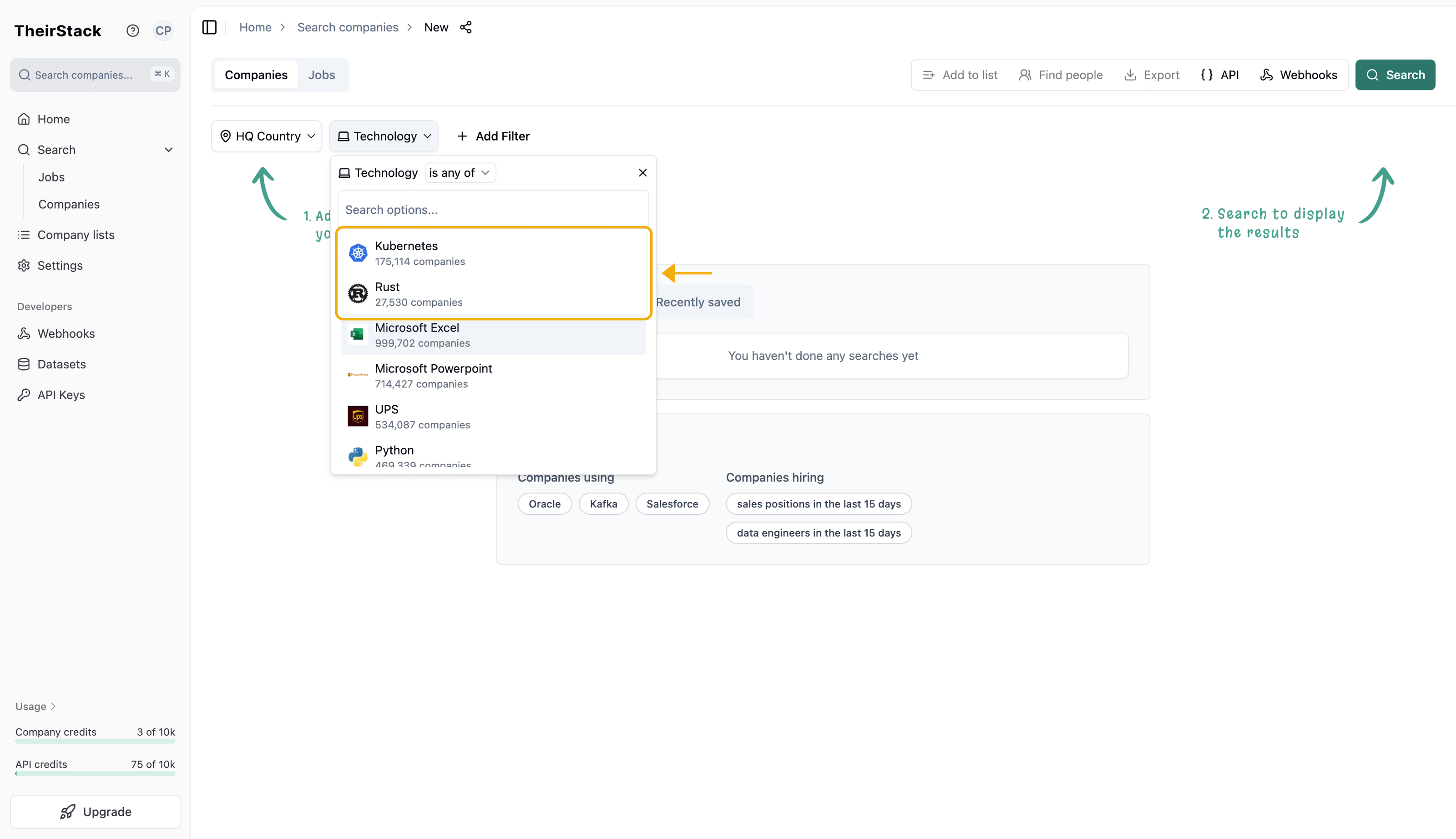 Step 3: Favourite technologies at the top of the search filter