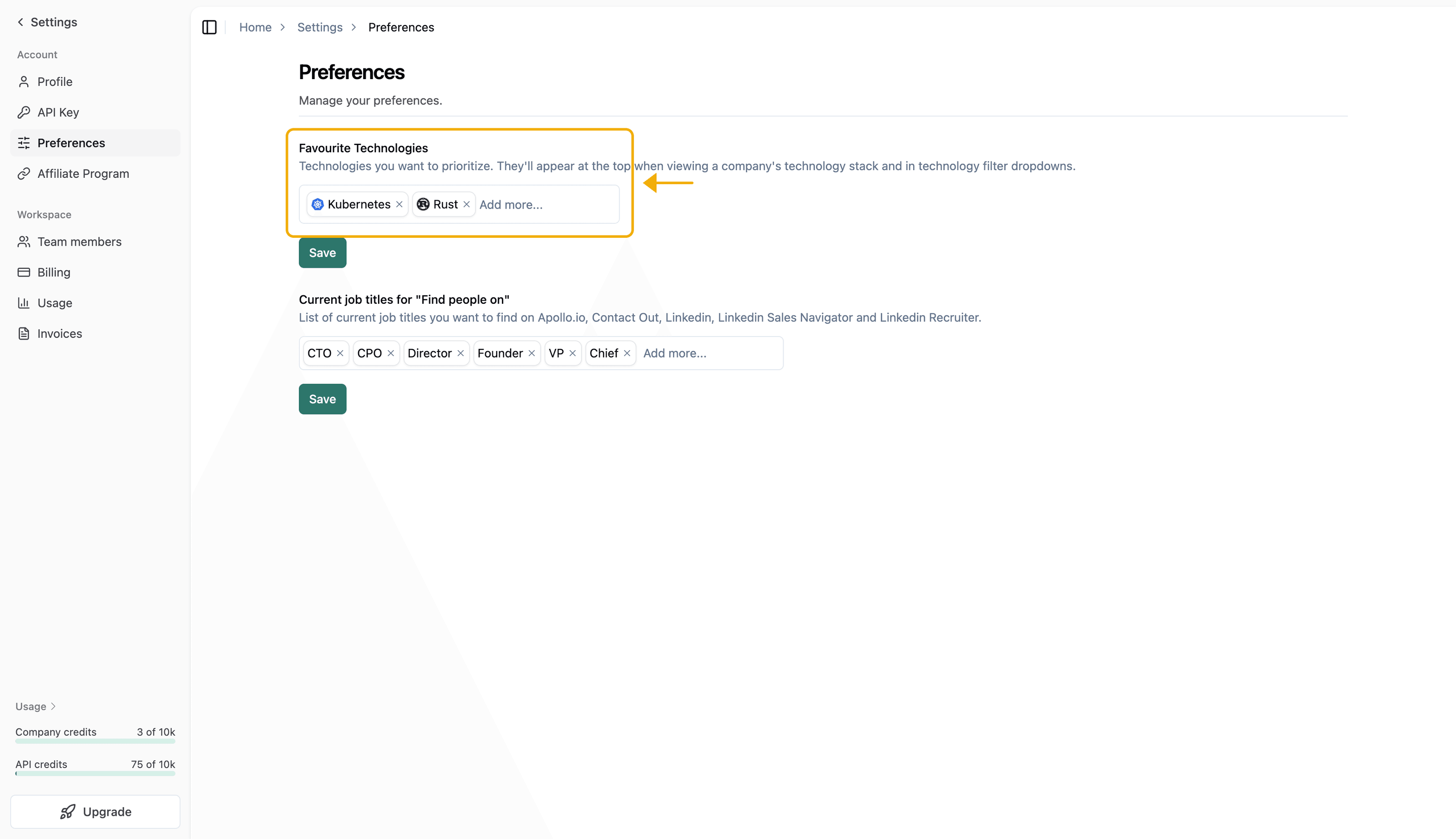Step 4: Manage favourite technologies in Settings → Preferences