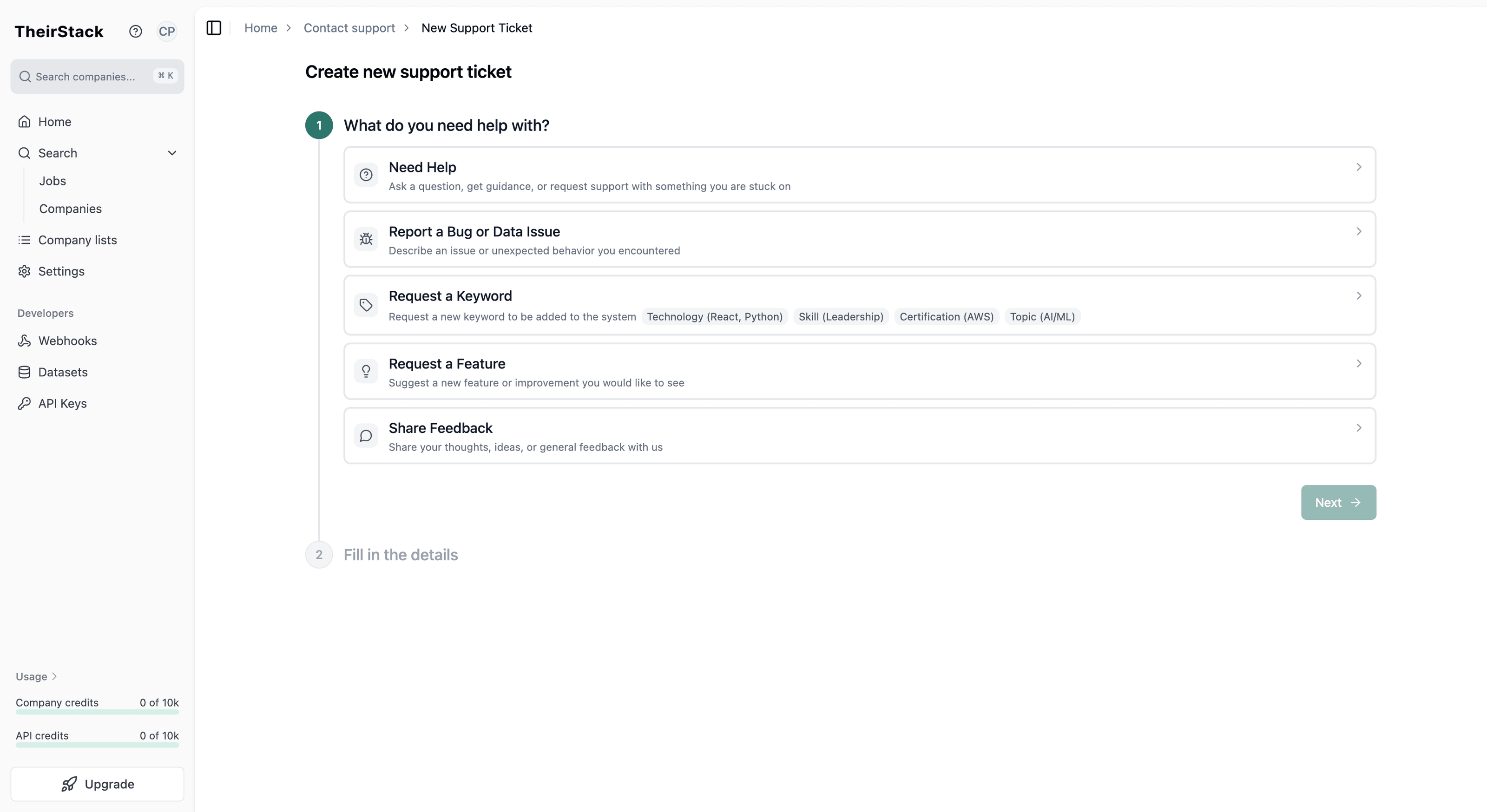 Support Center ticket categories