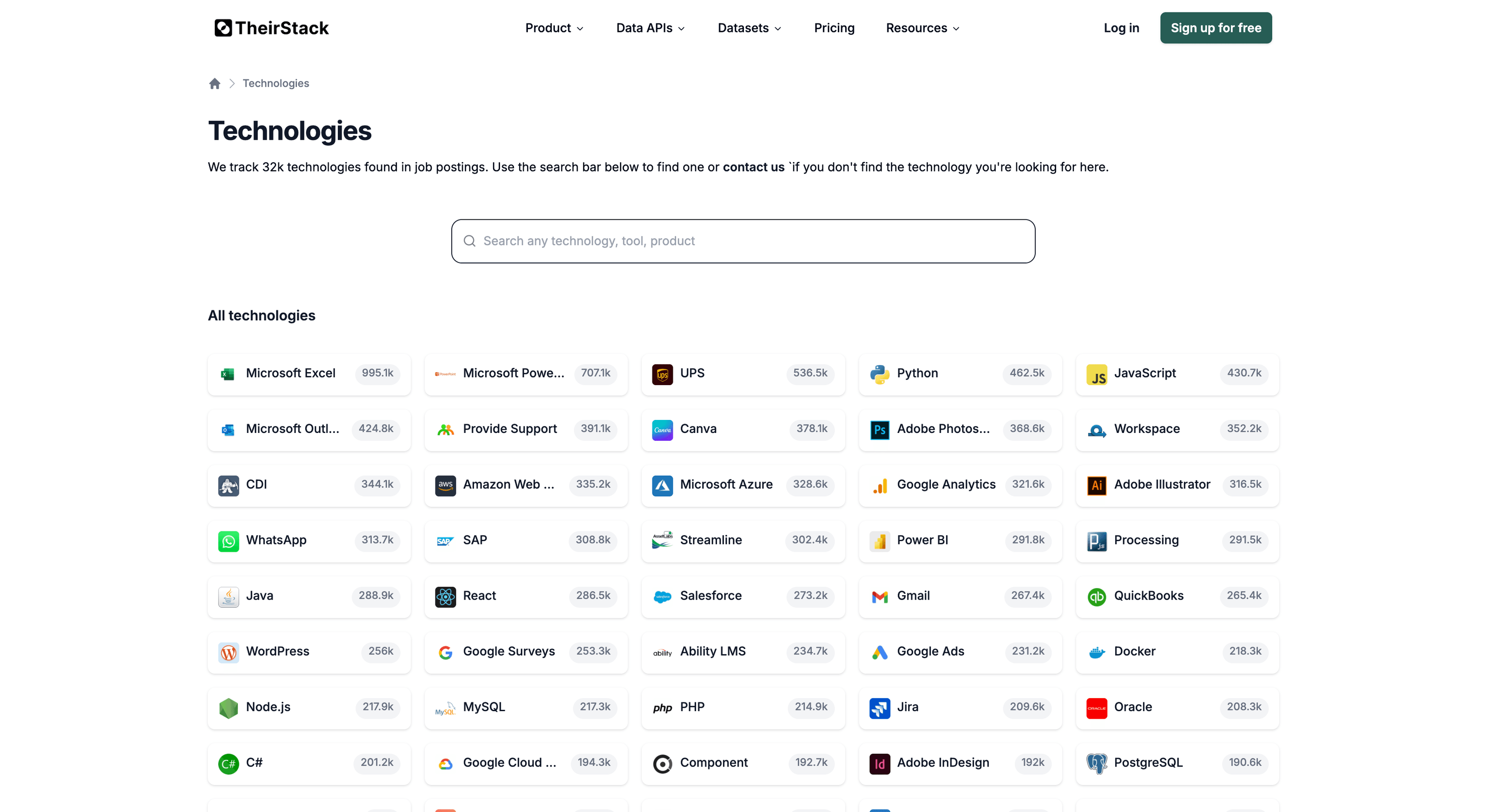 Technology catalog with search bar