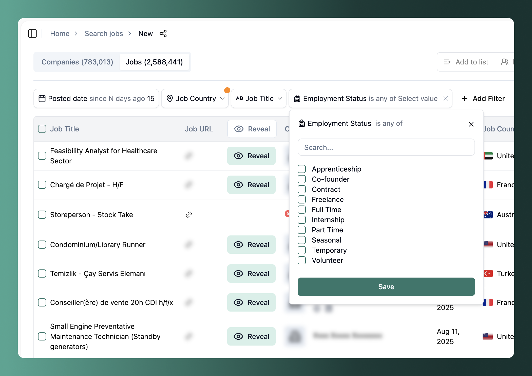New employment statuses filters